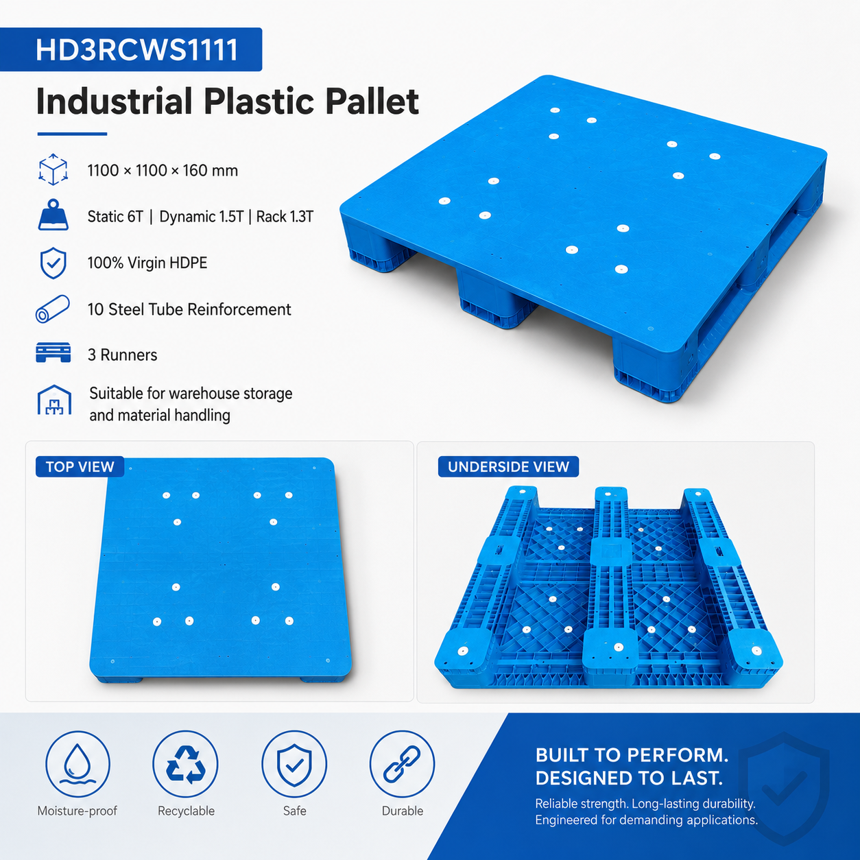 HD3RCWS1111 Three-Runner Solid Top Plastic Pallet