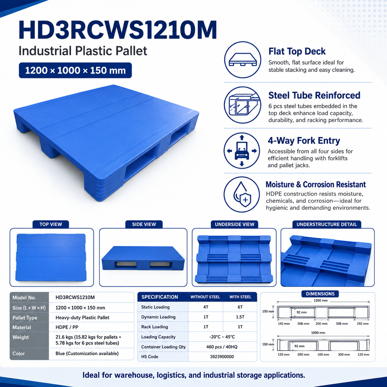 1200x1000x150 mm Three-Runner Solid Top Plastic Pallet