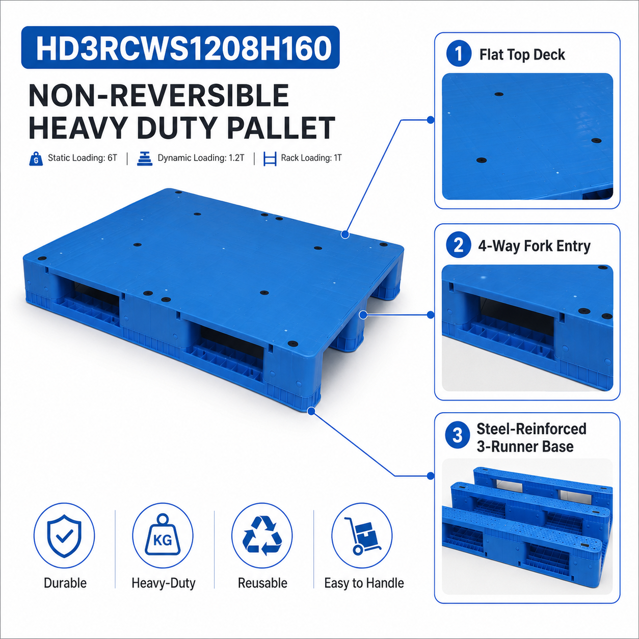 1200x800x160 mm Three-Runner Solid Top Plastic Pallet