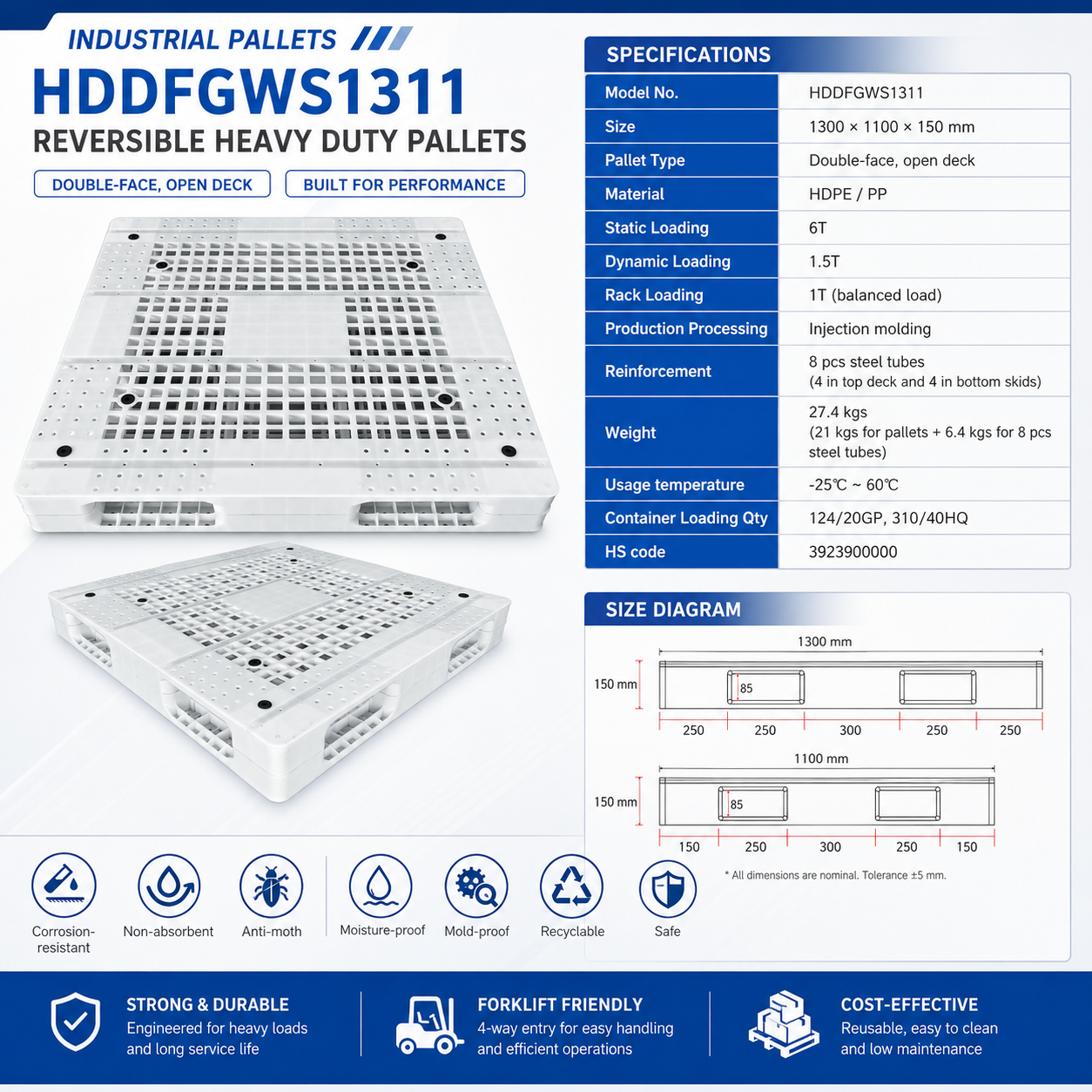 1200x1200x150 mm Double-Face Open Deck Plastic Pallet