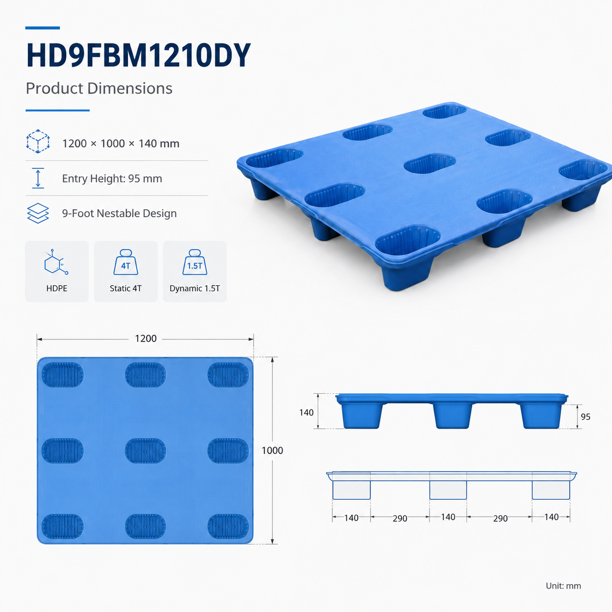 1200x1000x140 mm Blow Molded Plastic Pallet