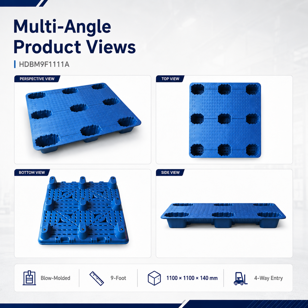 1100x1100x140 mm Blow Molded Plastic Pallet