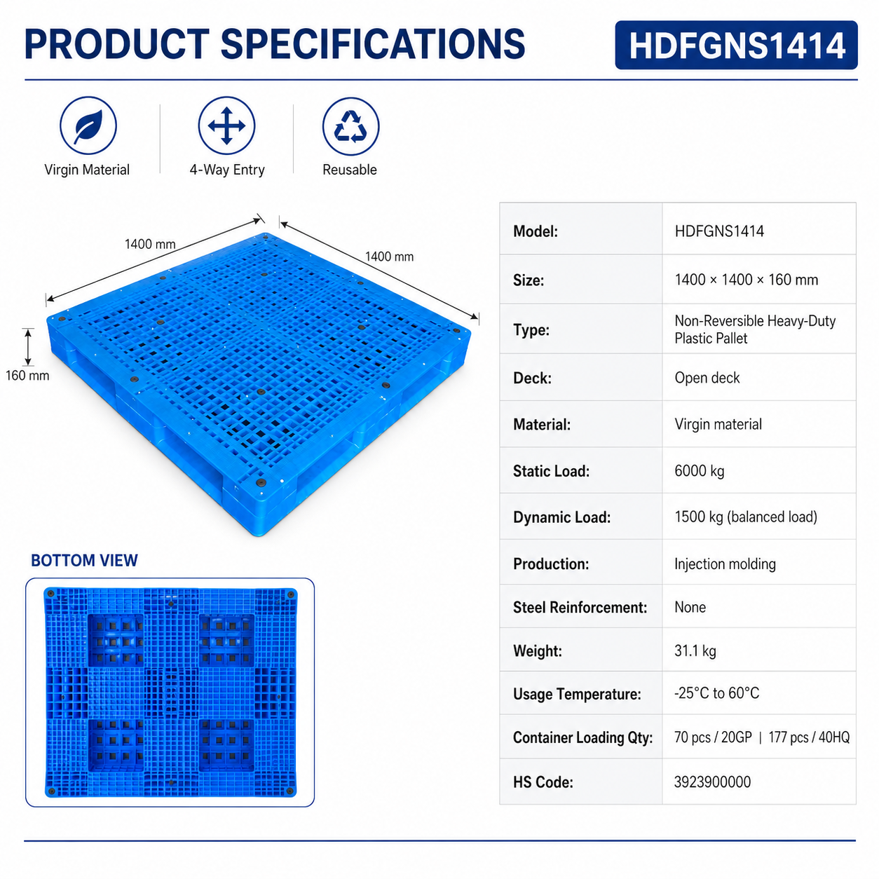 1400x1400x160 mm Full Perimeter Open Deck Plastic Pallet