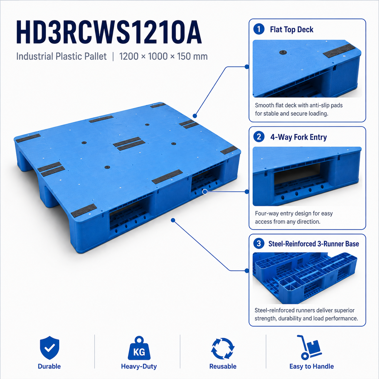 1200x1200x150 mm Three-Runner Solid Top Plastic Pallet