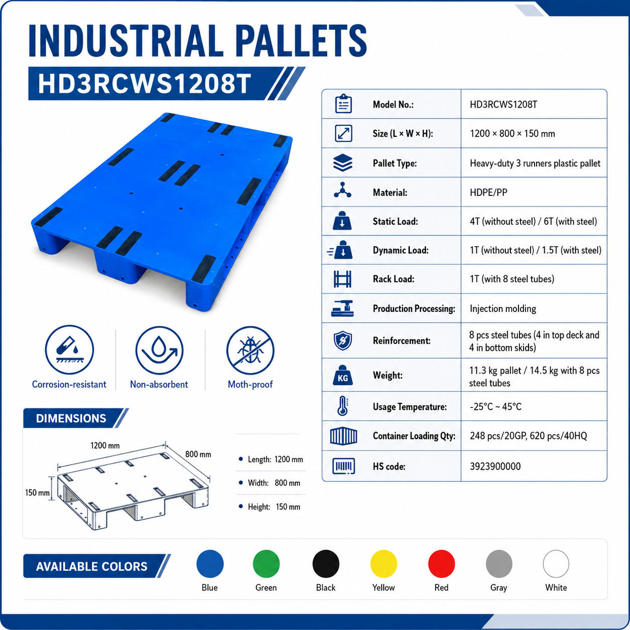 1200x800x150 mm Three-Runner Solid Top Plastic Pallet