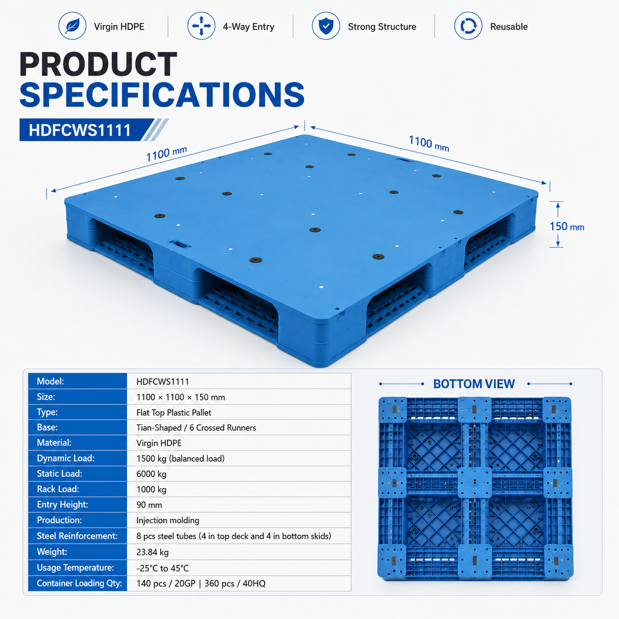 1100x1100x150 mm Full Perimeter Solid Top Plastic Pallet